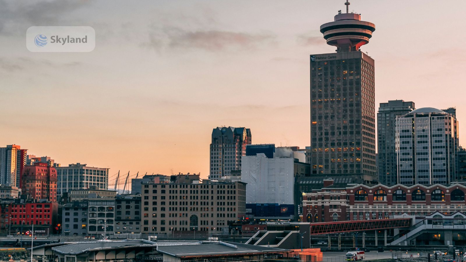 Vancouver skyline at dusk including Harbour Centre